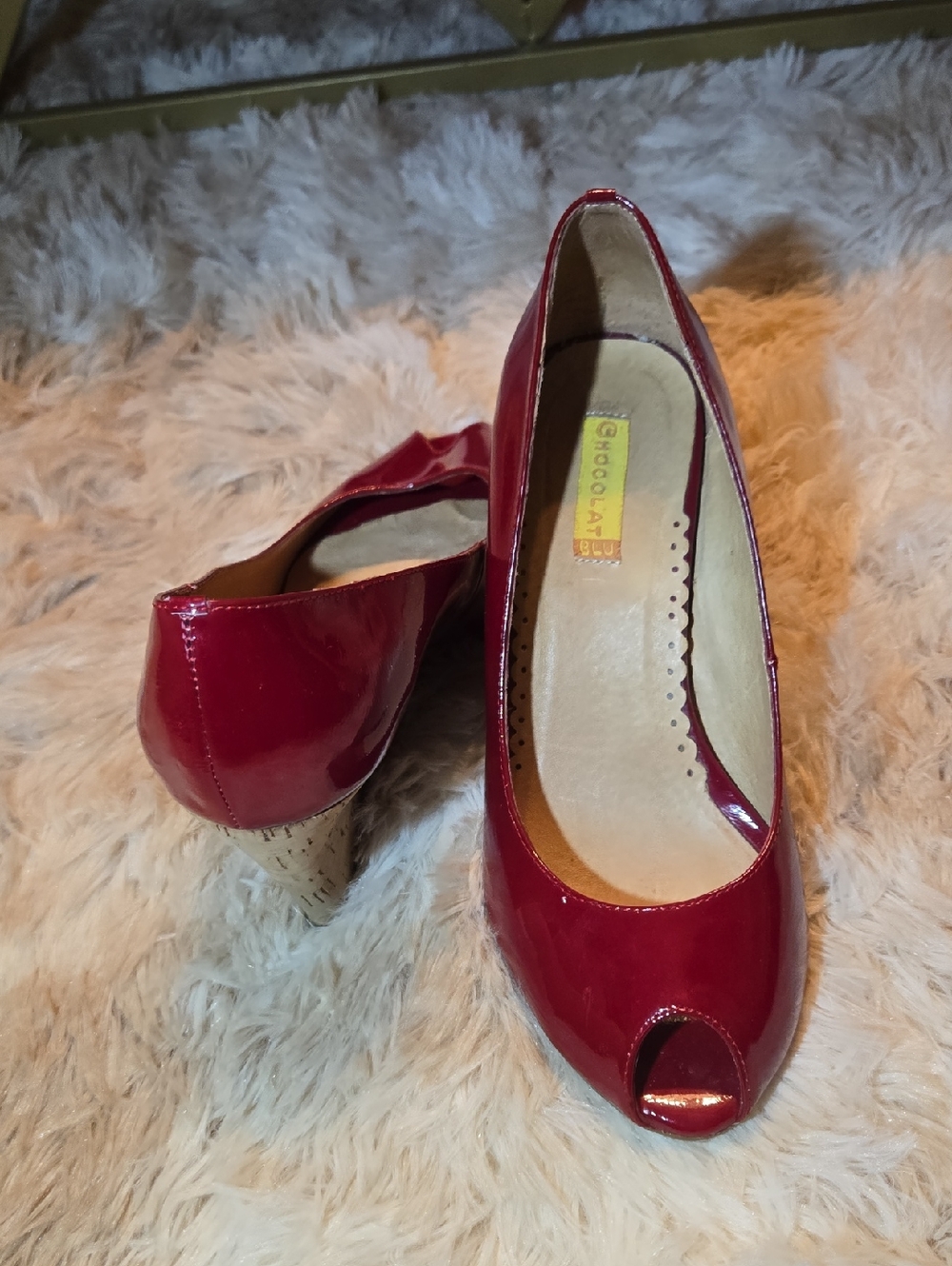 Chocolat Blu Red Patent Peep-Toe Cork Heels Wedge